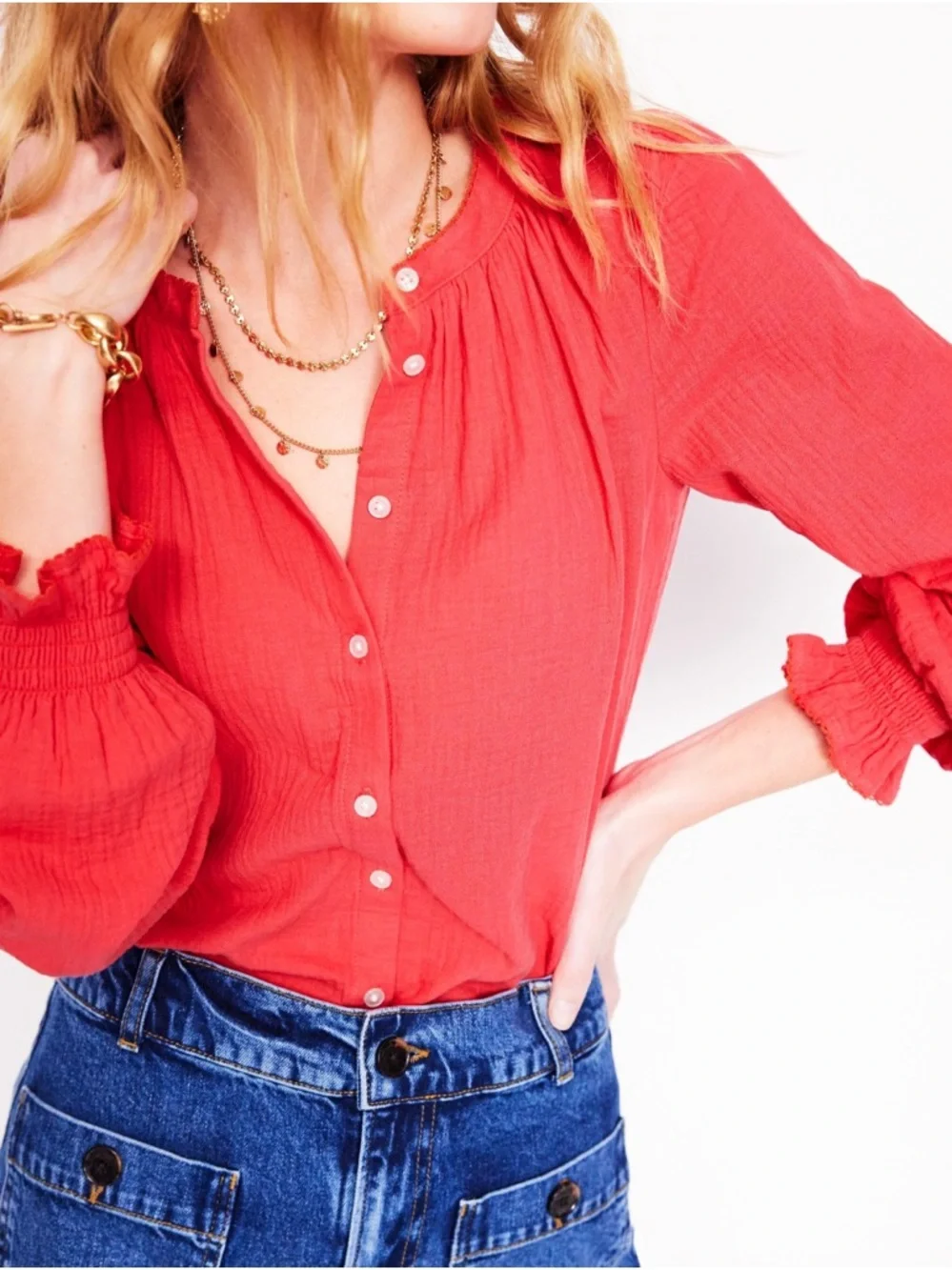 BODEN Button Down Gauze Cloth Long Sleeve Top